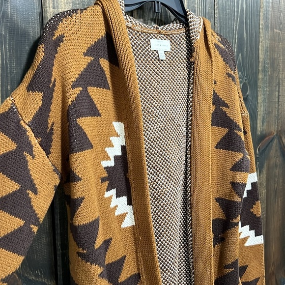 Lucky Brand Southwestern Aztec Cardigan S Open Brown Duster Cozy Hooded Casual - Picture 2 of 13